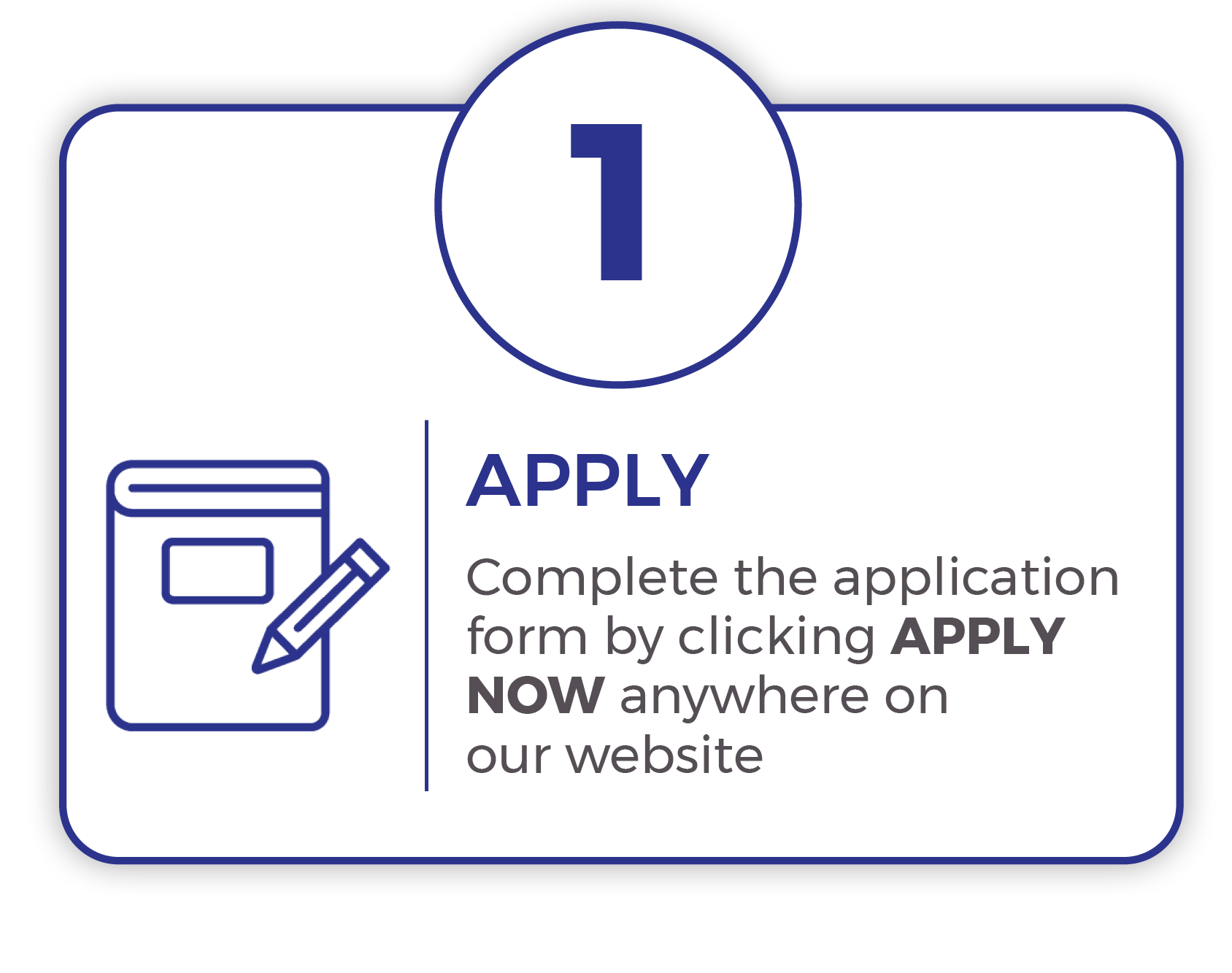 Step 1: Apply - Complete the application form by clicking APPLY NOW anywhere on our website